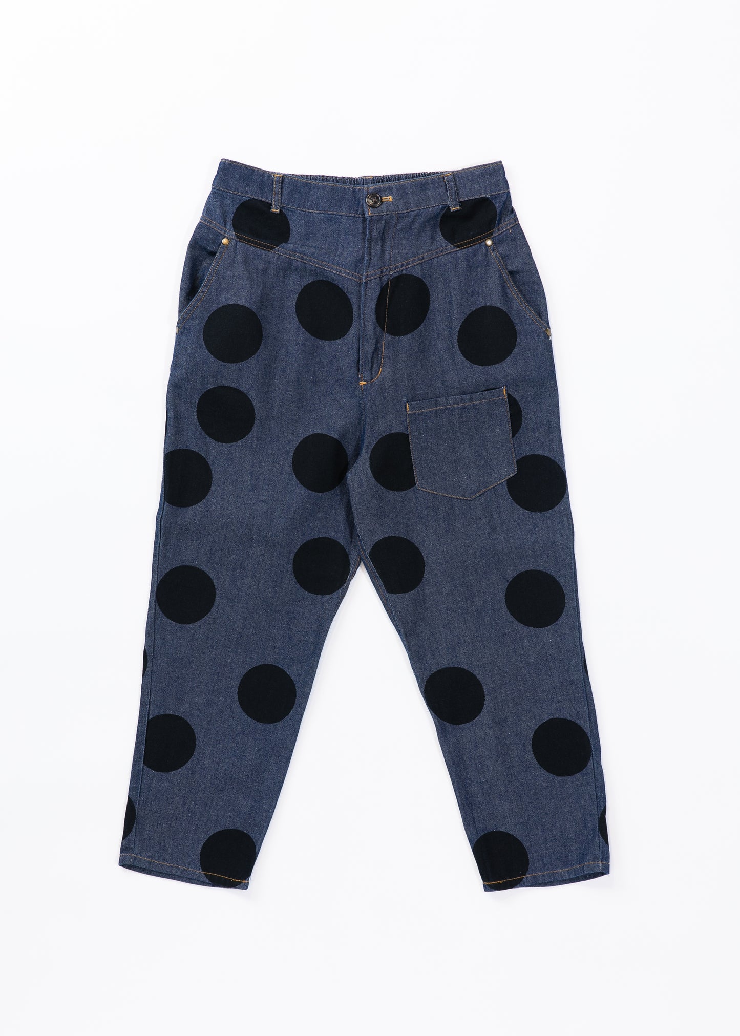 Dots printed denim tapered pants